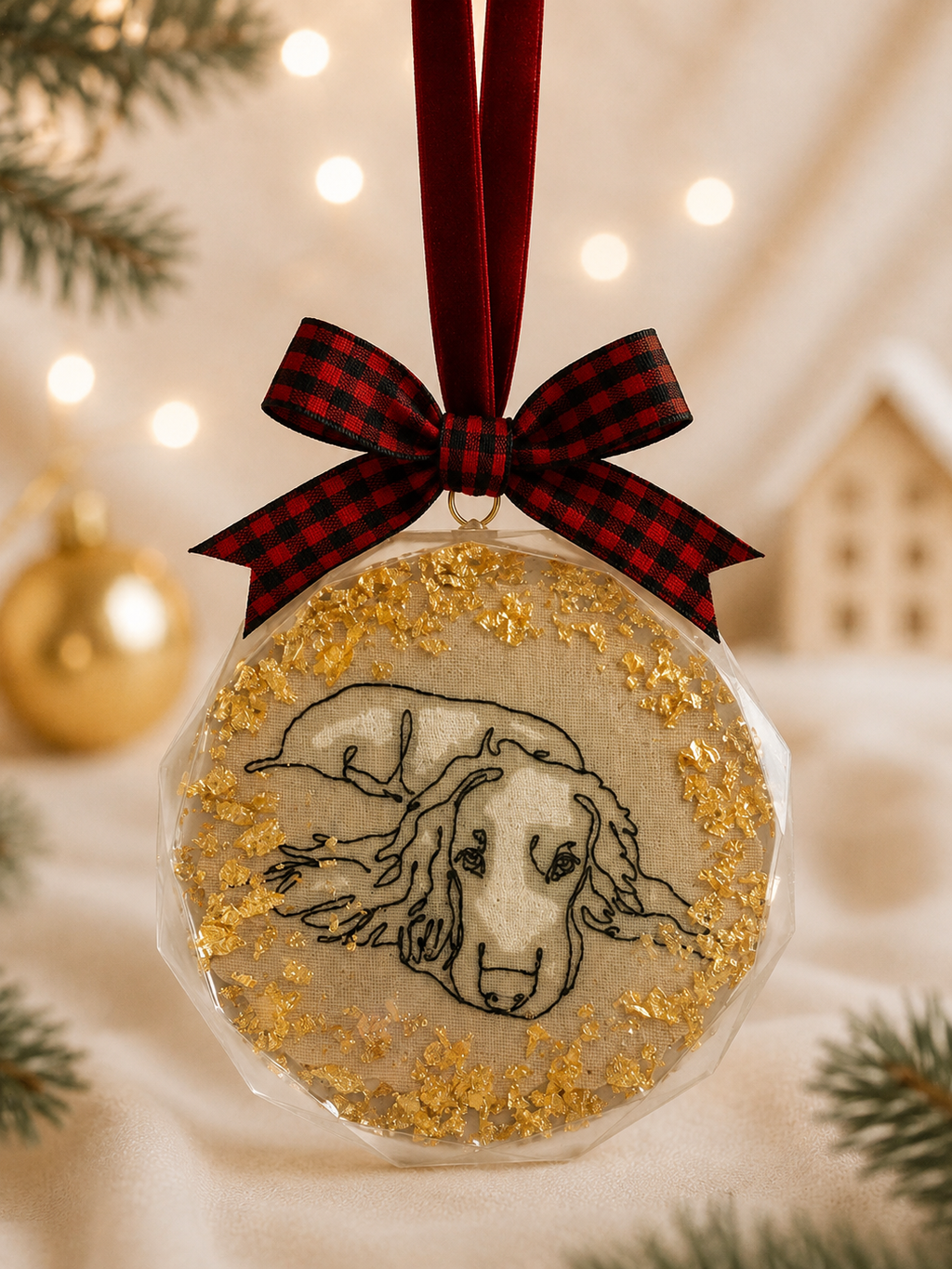 A Personalised Pet Portrait Christmas Bauble – Embroidered Pet Keepsake
