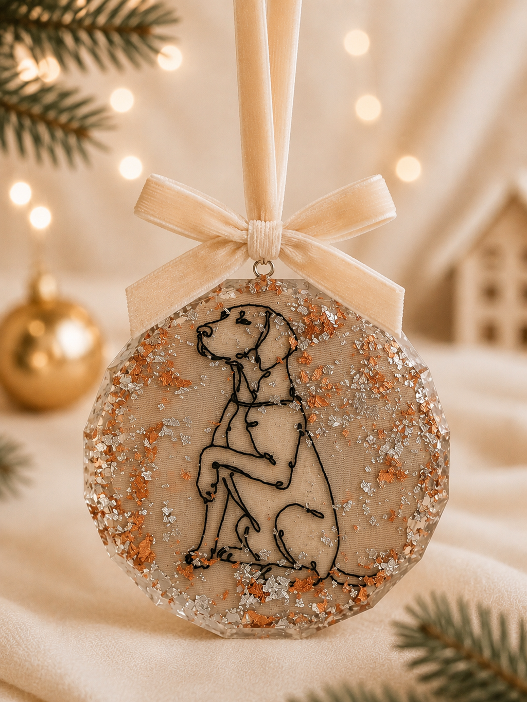A Personalised Pet Portrait Christmas Bauble – Embroidered Pet Keepsake