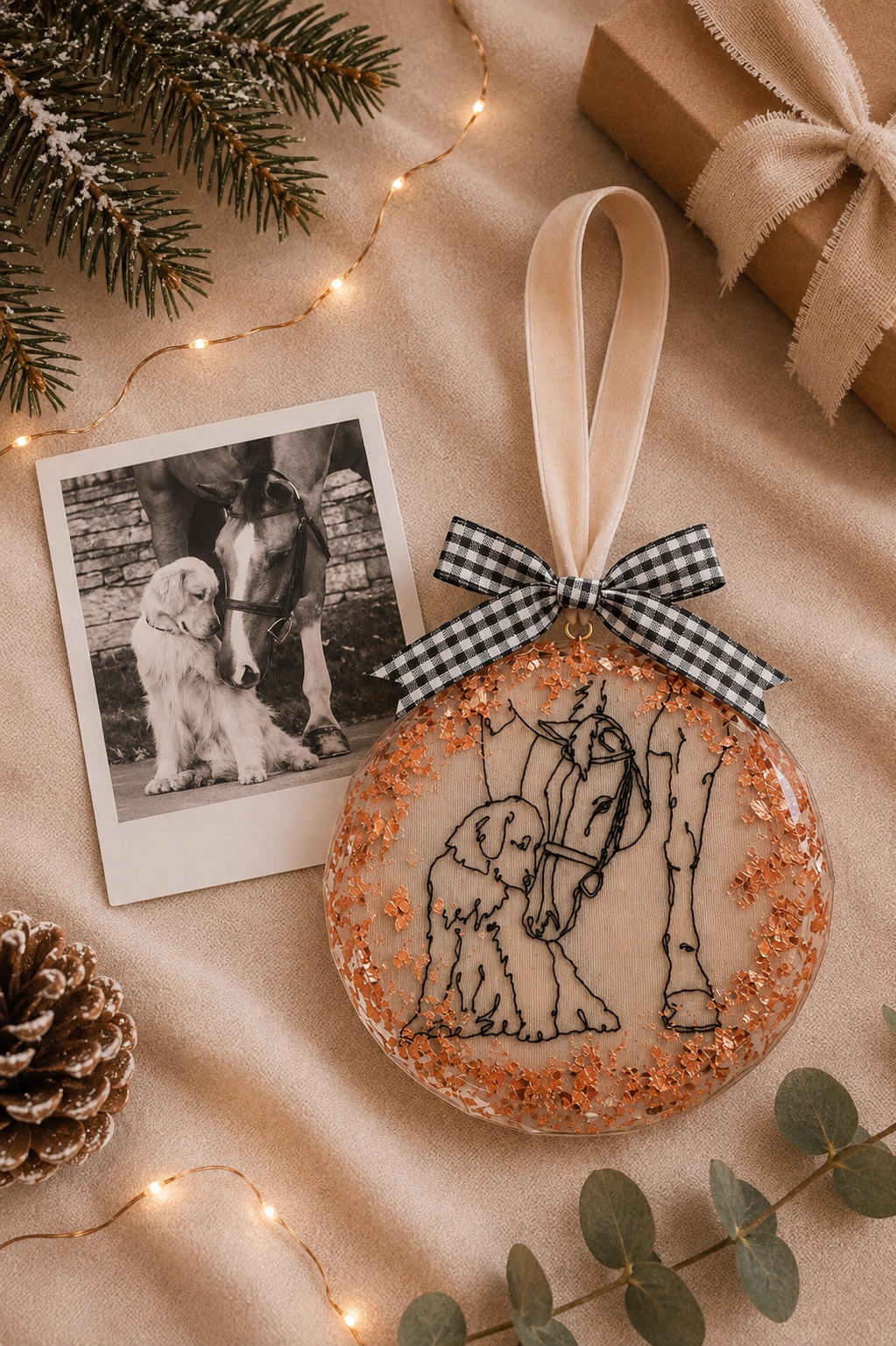 A Personalised Pet Portrait Christmas Bauble – Embroidered Pet Keepsake