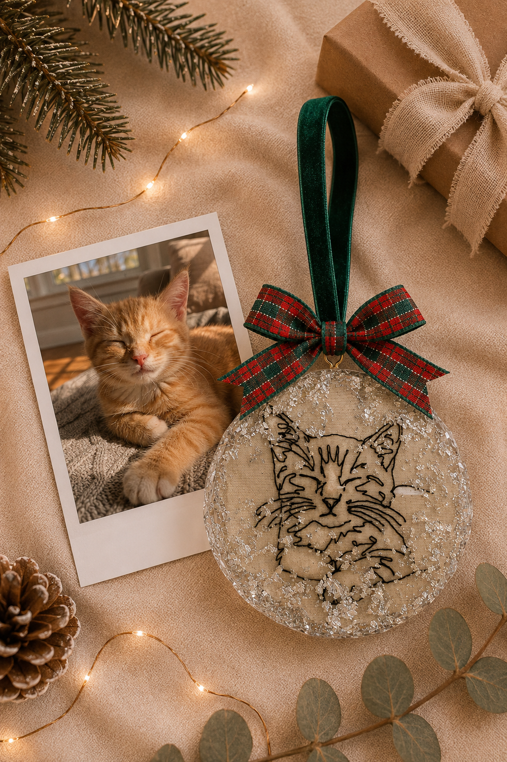 A Personalised Pet Portrait Christmas Bauble – Embroidered Pet Keepsake