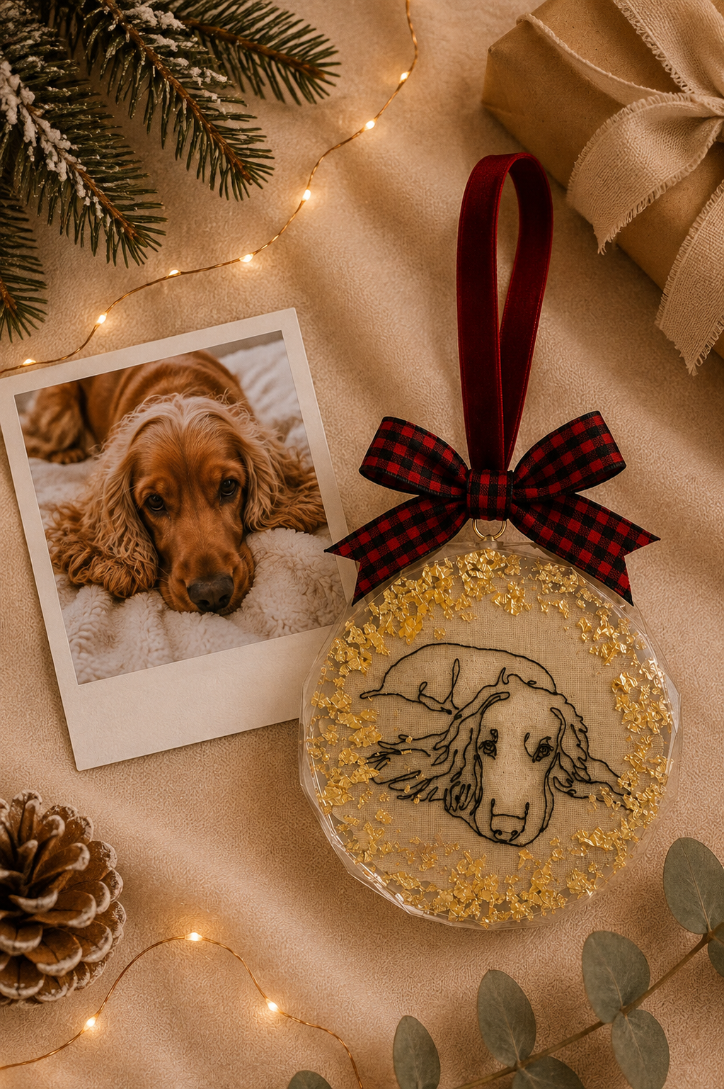 A Personalised Pet Portrait Christmas Bauble – Embroidered Pet Keepsake