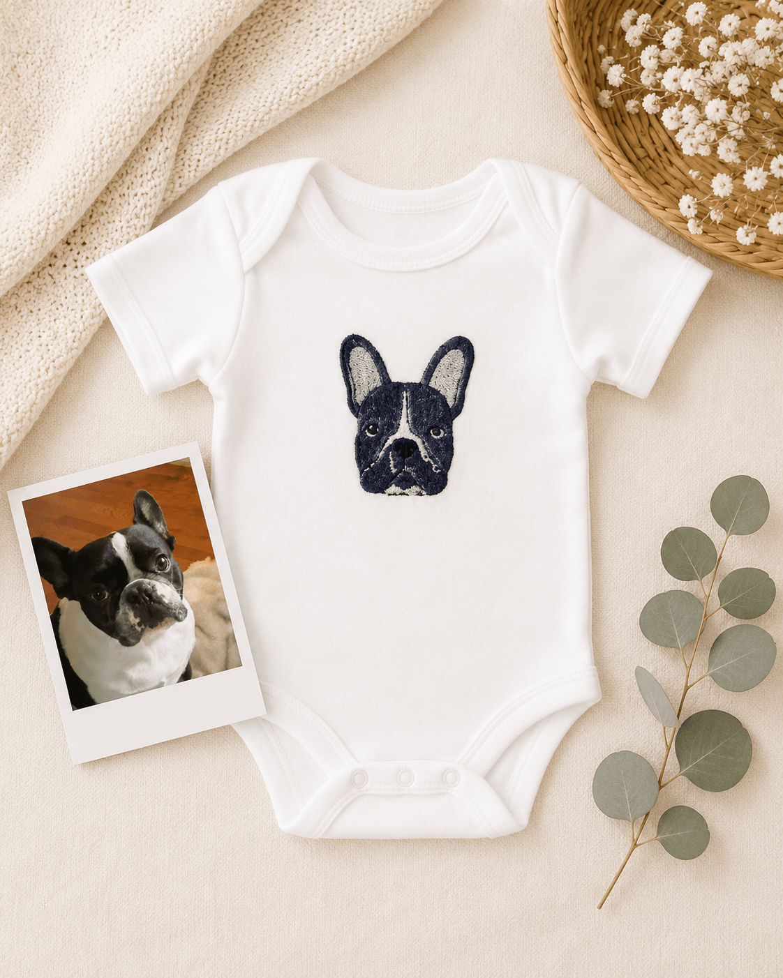 A Personalised Pet Portrait Baby Gift – Custom Embroidered Baby Clothing & Keepsakes - Pear Tree Stitch Studio