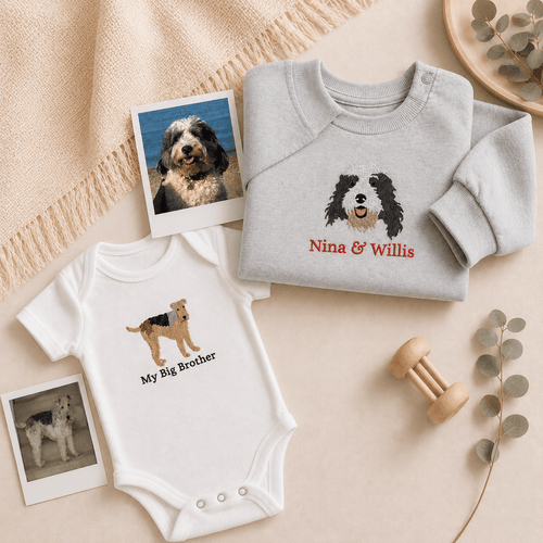 A Personalised Pet Portrait Baby Gift – Custom Embroidered Baby Clothing & Keepsakes - Pear Tree Stitch Studio