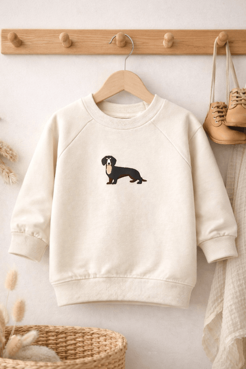 Dachshund Baby Sweatshirt – Custom Embroidered Sausage Dog Jumper | Dachshund Lover Gift, Dog Lover Baby Gift - Pear Tree Stitch Studio