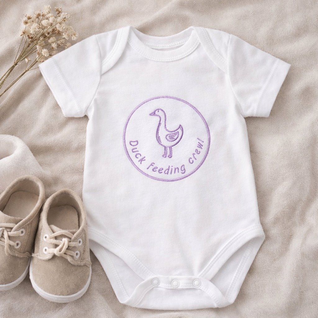 Duck Feeding Crew Baby Bodysuit – Embroidered Duck Baby Grow | Duck Baby Outfit, New Baby Gift - Pear Tree Stitch Studio