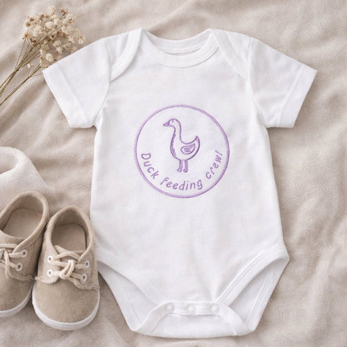 Duck Feeding Crew Baby Bodysuit – Embroidered Duck Baby Grow | Duck Baby Outfit, New Baby Gift - Pear Tree Stitch Studio