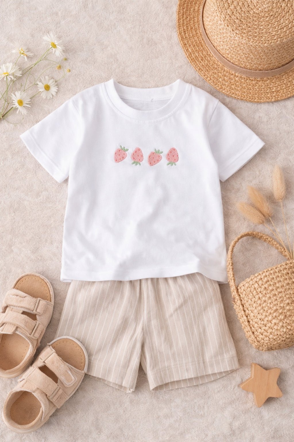 Embroidered Strawberry Toddler T-Shirt | Cute Minimalist Kids Summer Tee - Pear Tree Stitch Studio
