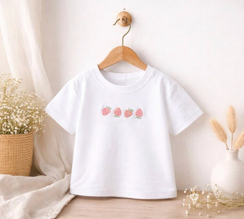 Embroidered Strawberry Toddler T-Shirt | Cute Minimalist Kids Summer Tee - Pear Tree Stitch Studio