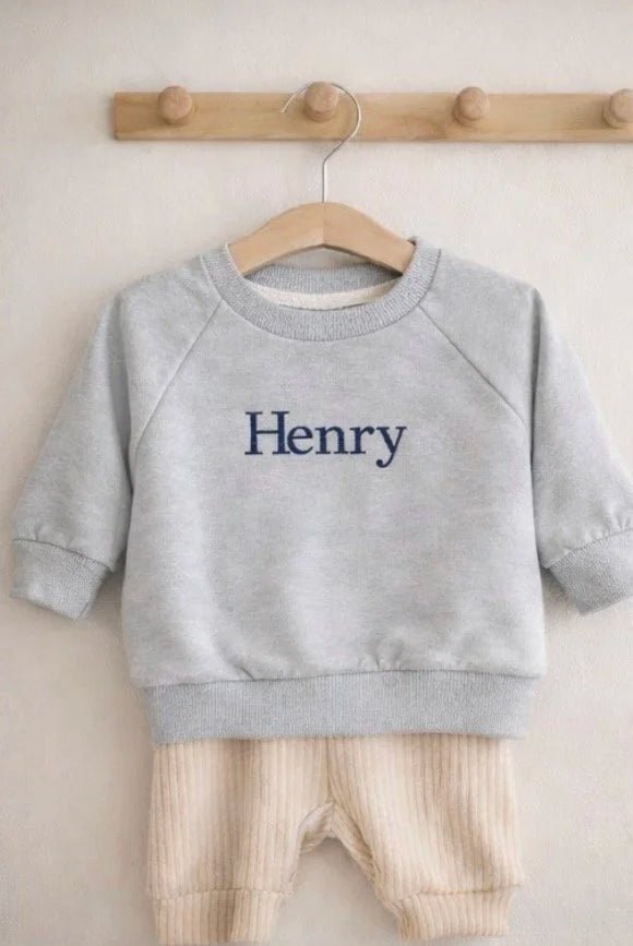 Personalised Baby Sweatshirt – Custom Name Embroidered Baby Jumper | Personalised New Baby Gift - Pear Tree Stitch Studio