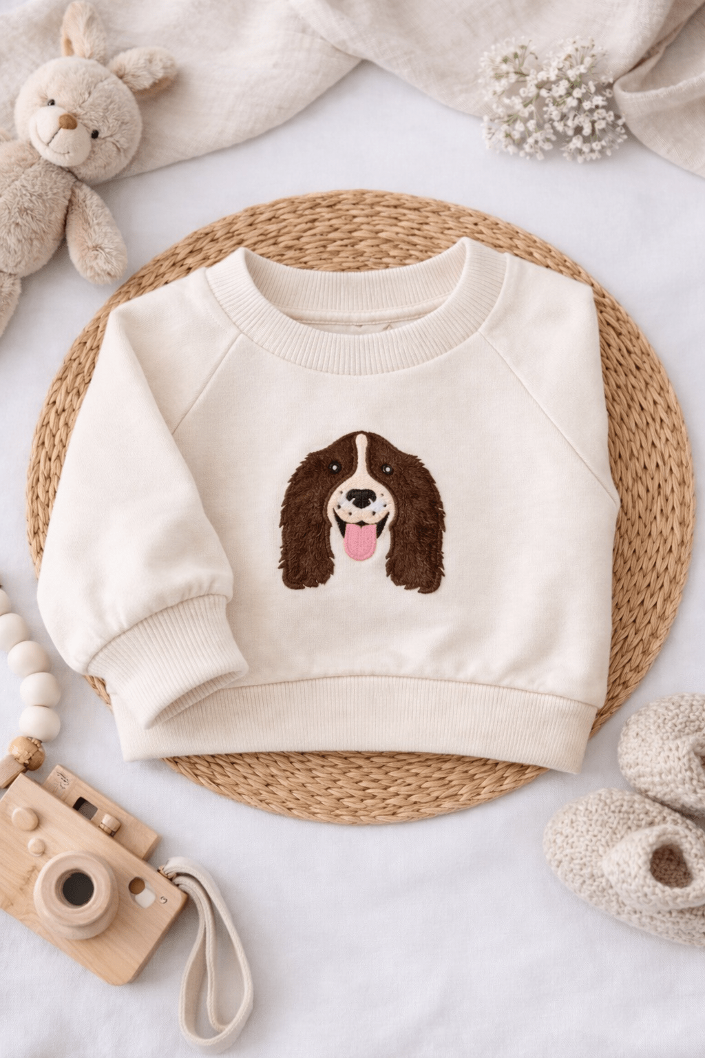 Personalised Baby Sweatshirt – Embroidered Spaniel Dog Lover Jumper - Pear Tree Stitch Studio