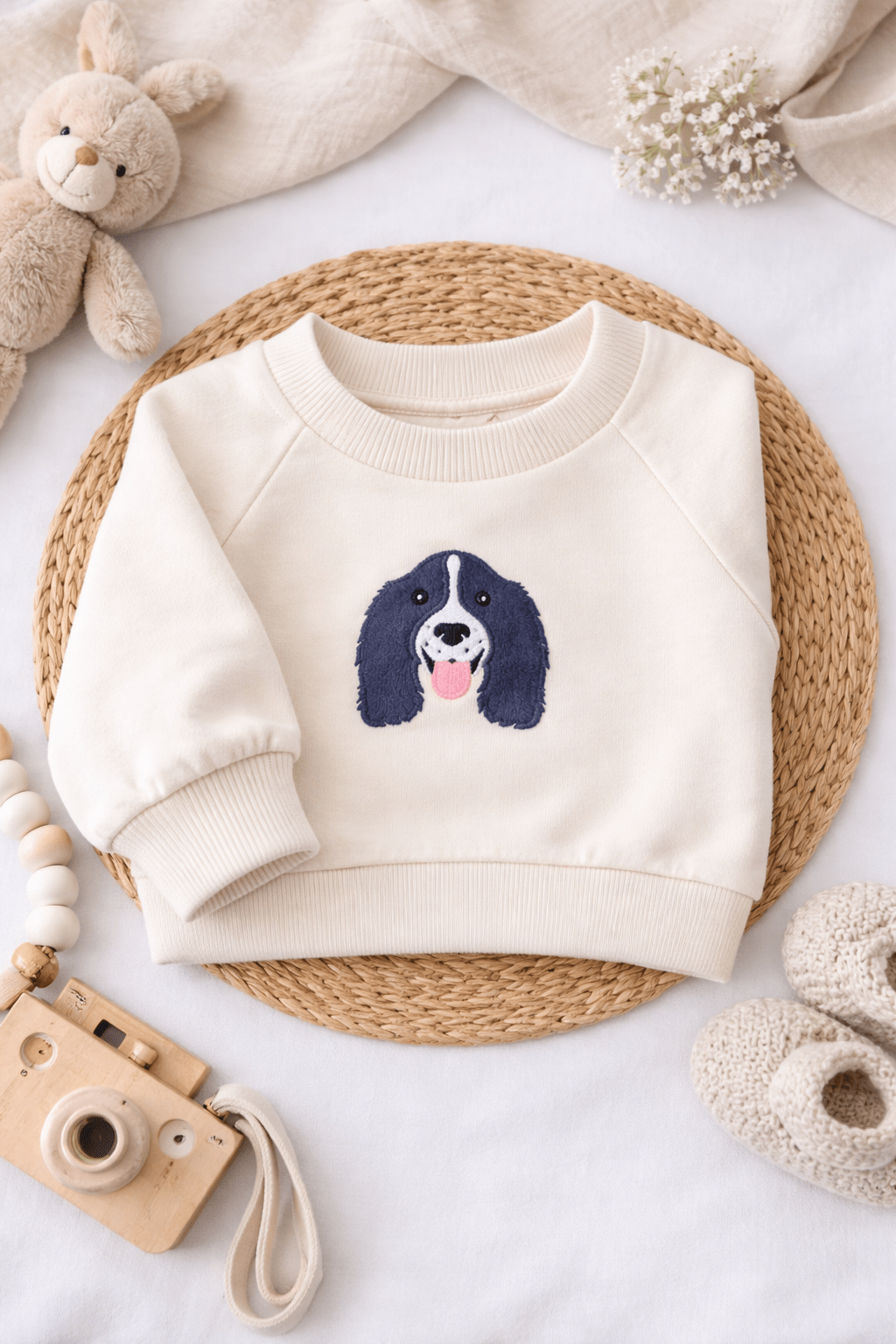 Personalised Baby Sweatshirt – Embroidered Spaniel Dog Lover Jumper - Pear Tree Stitch Studio