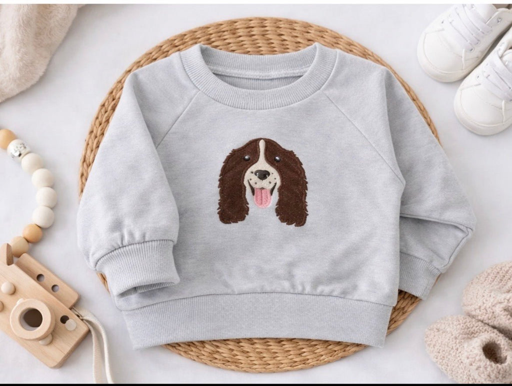 Personalised Baby Sweatshirt – Embroidered Spaniel Dog Lover Jumper - Pear Tree Stitch Studio