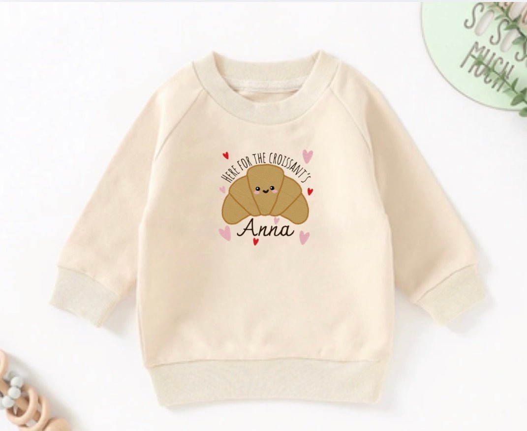 Personalised Croissant Embroidered Baby & Toddler Sweater | Custom Name Cute Kids Sweatshirt - Pear Tree Stitch Studio