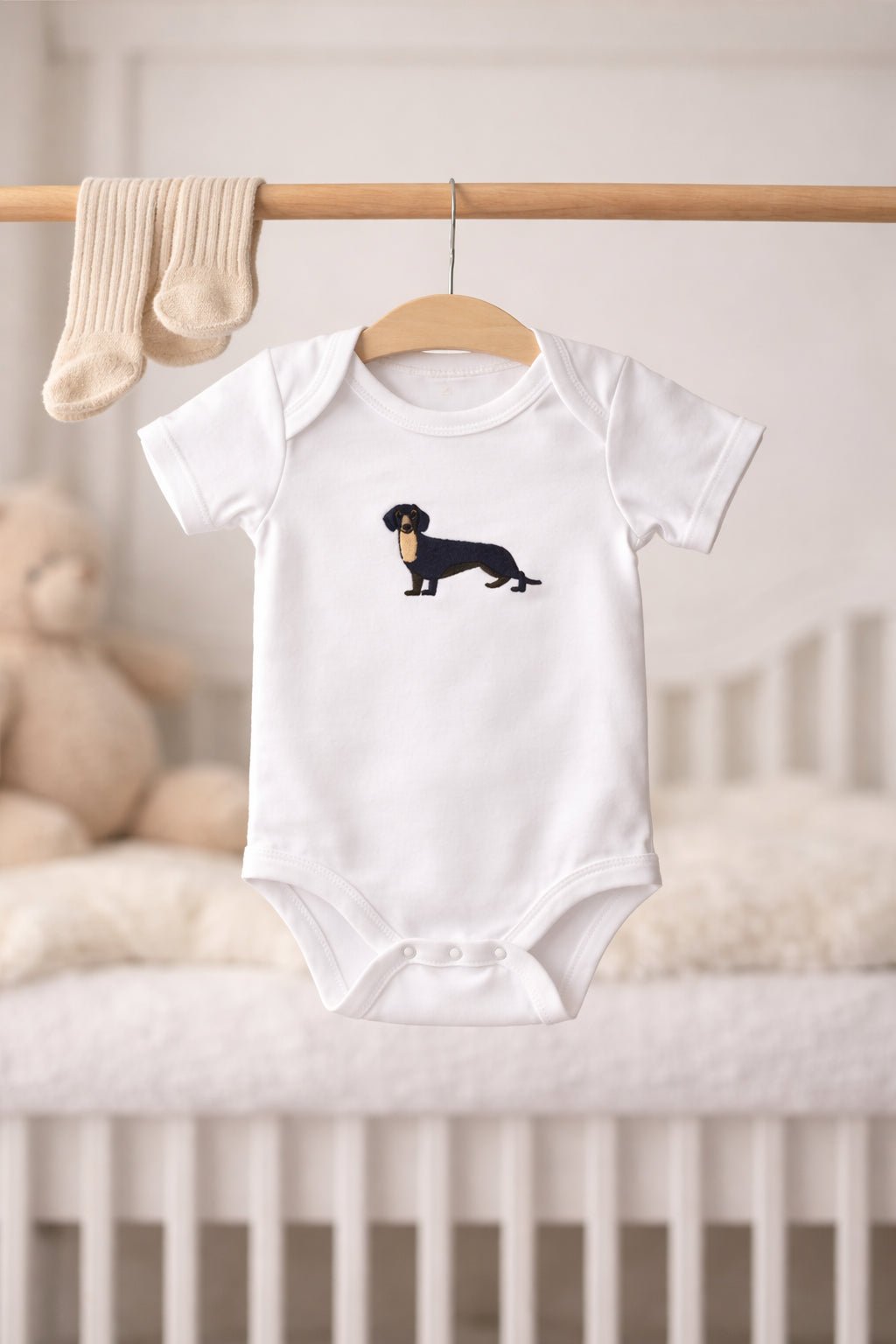 Personalised Dachshund Baby Onesie – Embroidered Sausage Dog Bodysuit | Dog Lover Baby Gift - Pear Tree Stitch Studio