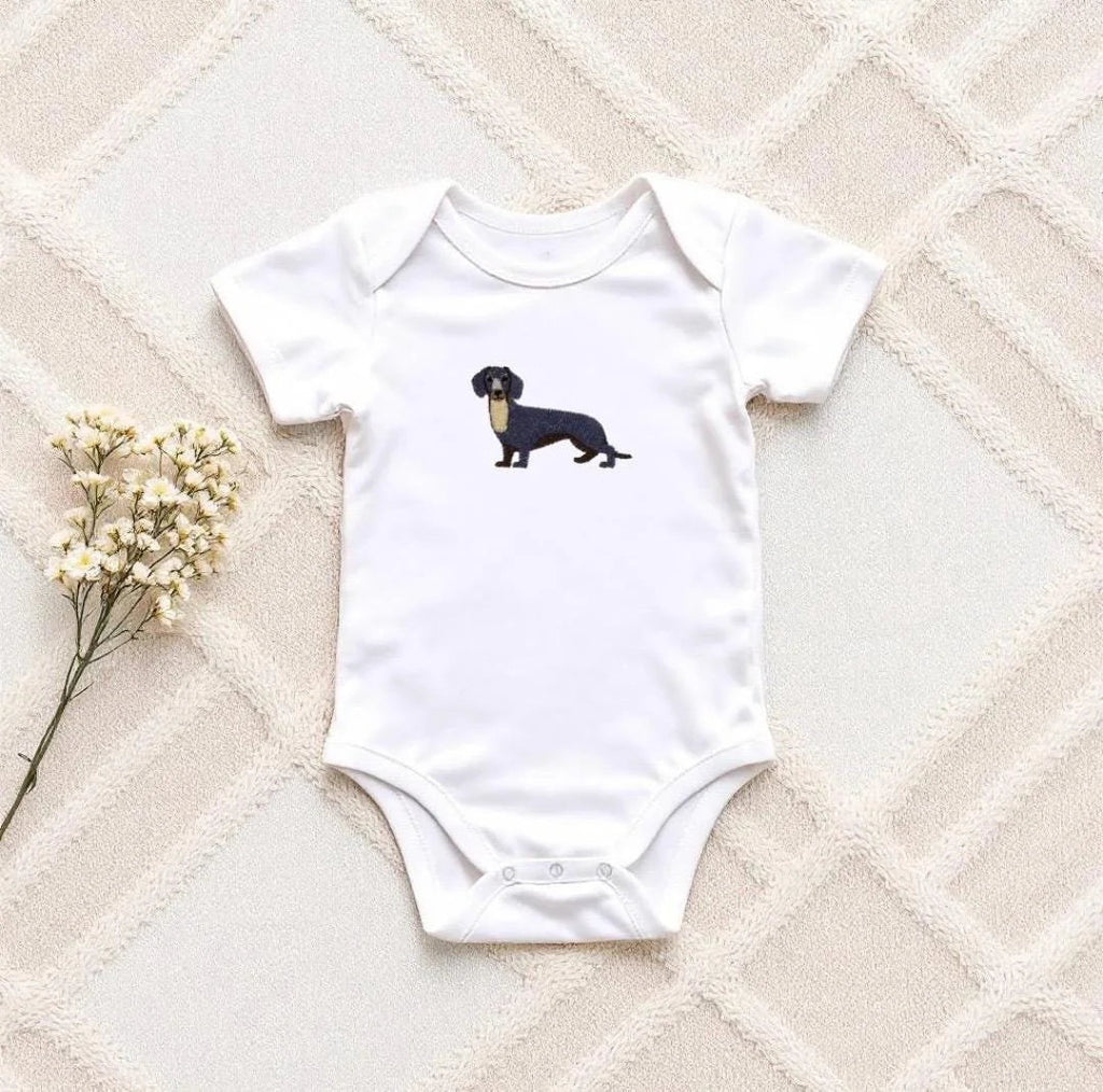 Personalised Dachshund Baby Onesie – Embroidered Sausage Dog Bodysuit | Dog Lover Baby Gift - Pear Tree Stitch Studio