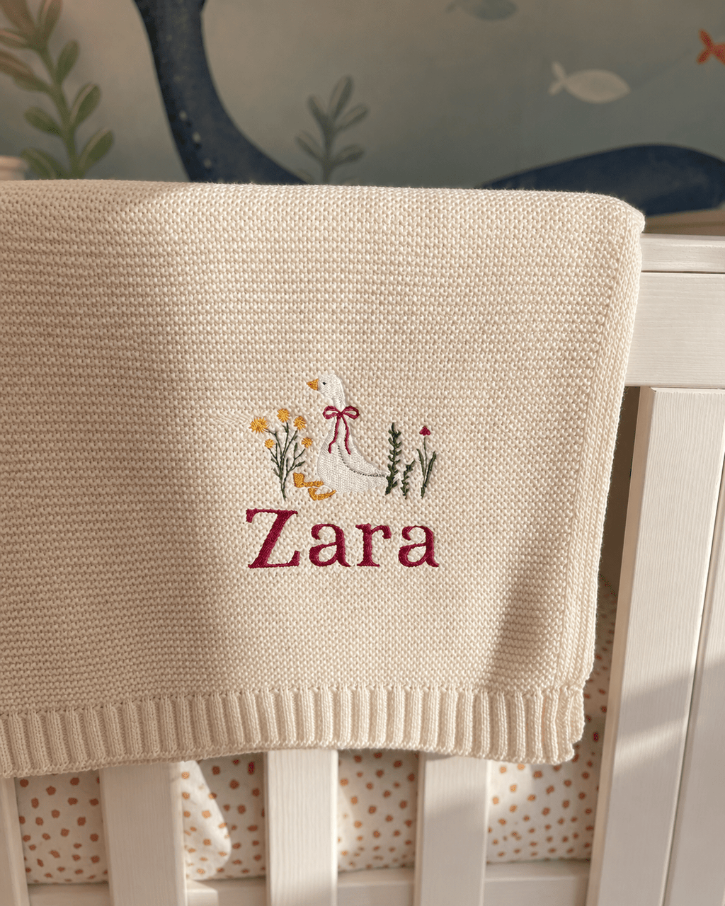Personalised Embroidered Baby Blanket with Goose Design – Custom Name Knit Baby Blanket - Pear Tree Stitch Studio