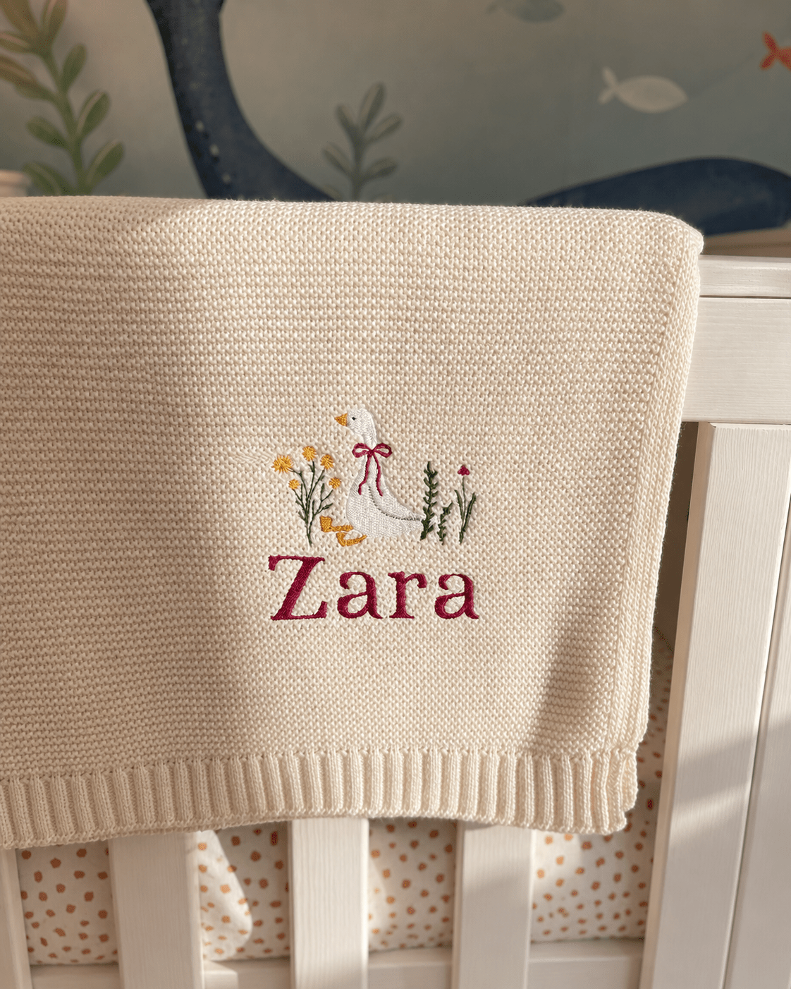 Personalised Embroidered Baby Blanket with Goose Design – Custom Name Knit Baby Blanket - Pear Tree Stitch Studio