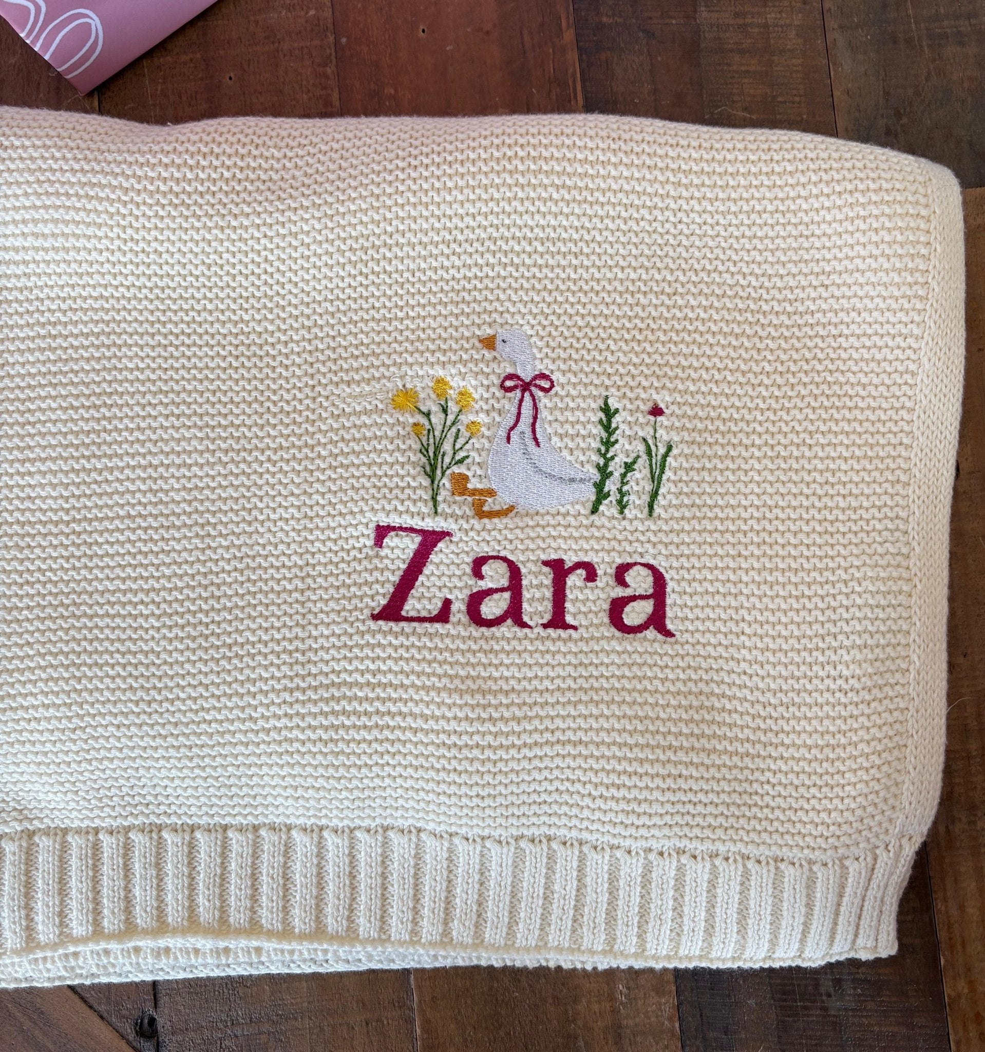 Personalised Embroidered Baby Blanket with Goose Design – Custom Name Knit Baby Blanket - Pear Tree Stitch Studio