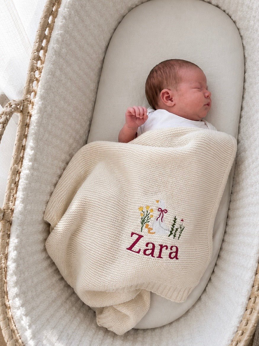 Personalised Embroidered Baby Blanket with Goose Design – Custom Name Knit Baby Blanket - Pear Tree Stitch Studio