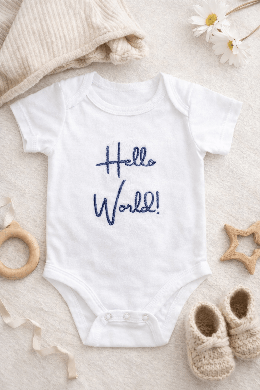Personalised Hello World Baby Grow – Custom Embroidered Newborn Bodysuit, Baby Announcement Outfit, New Baby Gift - Pear Tree Stitch Studio