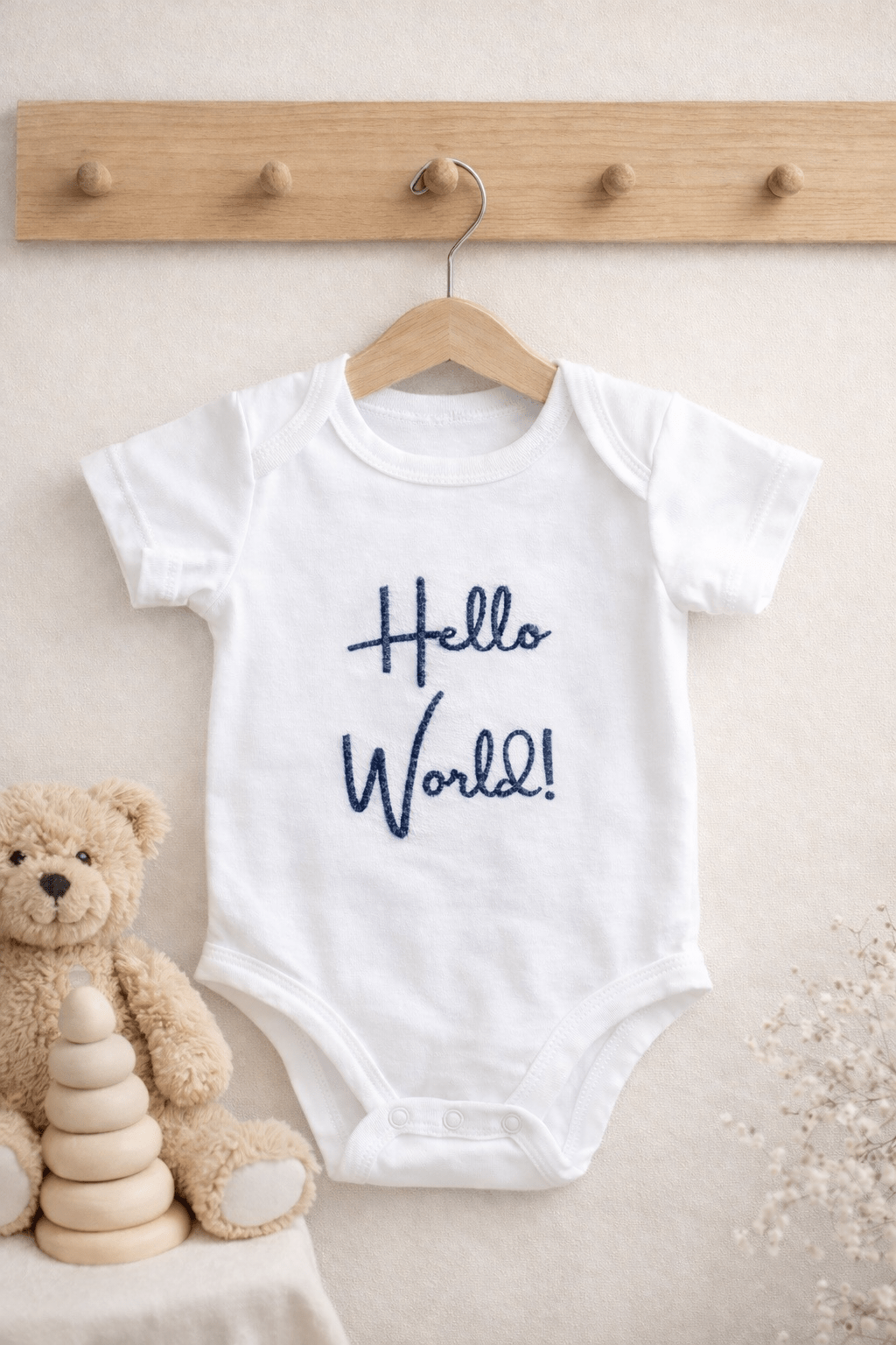 Personalised Hello World Baby Grow – Custom Embroidered Newborn Bodysuit, Baby Announcement Outfit, New Baby Gift - Pear Tree Stitch Studio