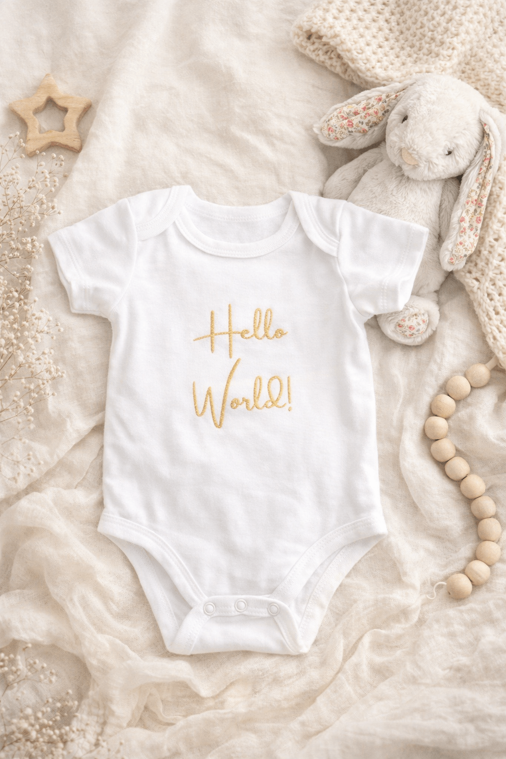 Personalised Hello World Baby Grow – Custom Embroidered Newborn Bodysuit, Baby Announcement Outfit, New Baby Gift - Pear Tree Stitch Studio