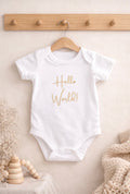 Personalised Hello World Baby Grow – Custom Embroidered Newborn Bodysuit, Baby Announcement Outfit, New Baby Gift - Pear Tree Stitch Studio