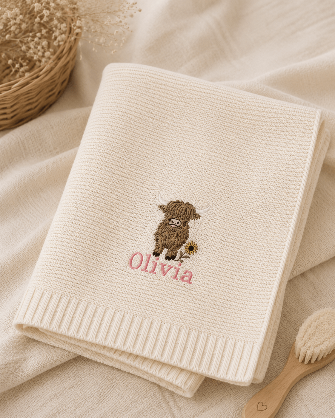Personalised Highland Cow Baby Blanket - Pear Tree Stitch Studio