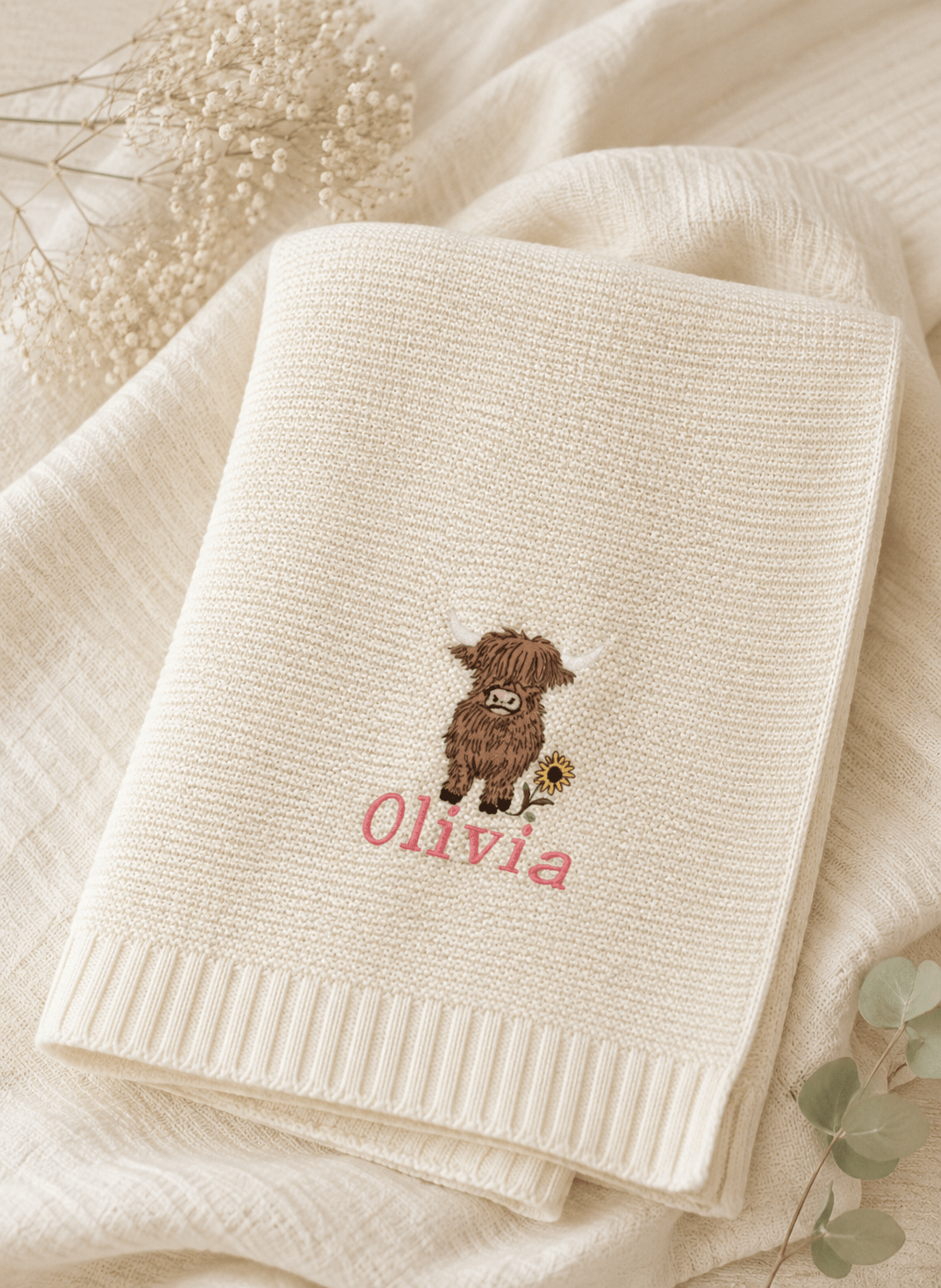 Personalised Highland Cow Baby Blanket - Pear Tree Stitch Studio