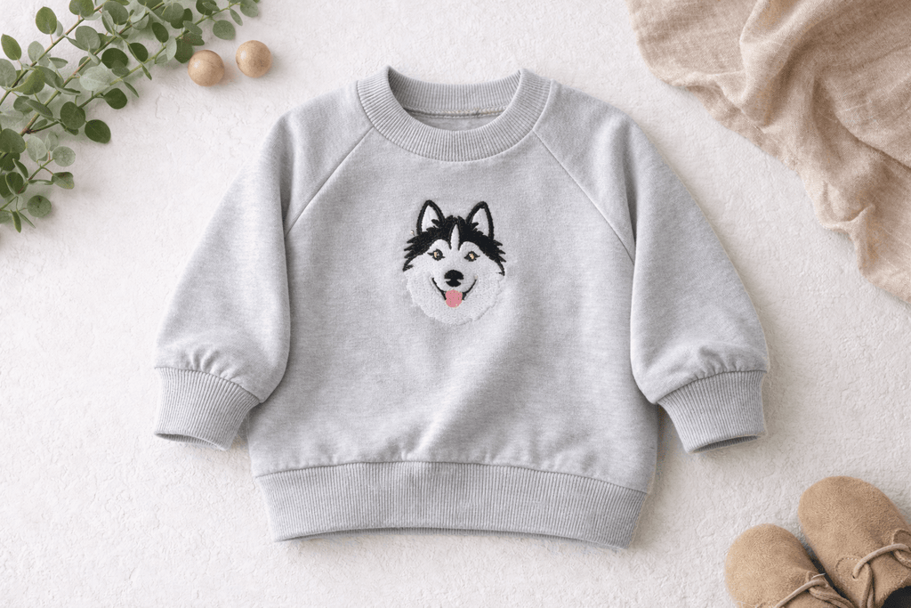Personalised Husky Baby Sweatshirt – Custom Embroidered Dog Jumper for Babies & Toddlers | Dog Lover Baby Gift - Pear Tree Stitch Studio