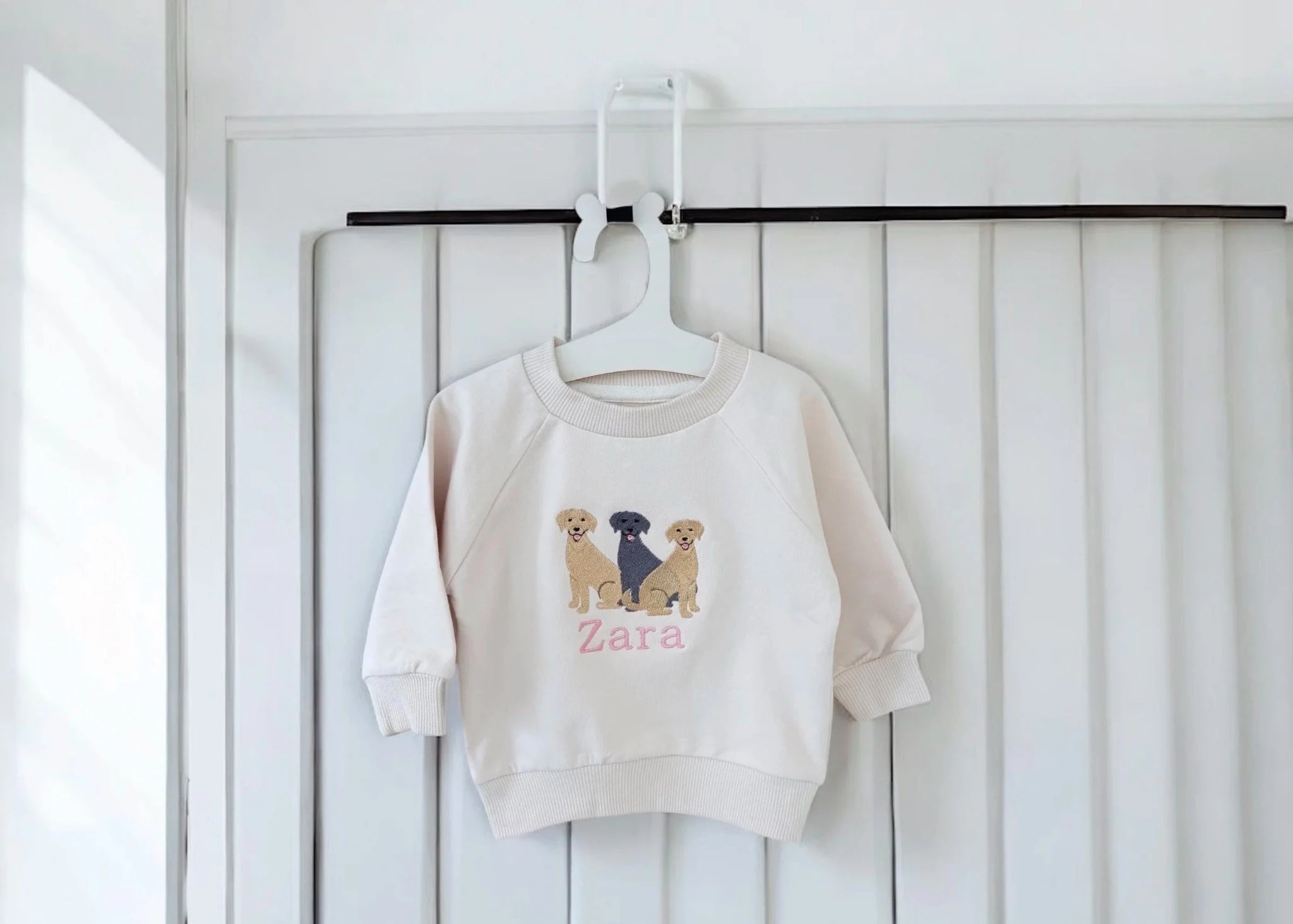 Personalised Labrador Baby Name Sweatshirt – Custom Dog Gift for Babies & Toddlers - Pear Tree Stitch Studio
