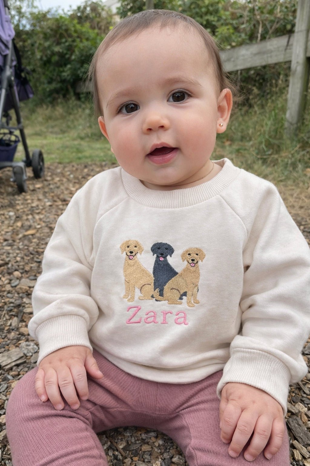 Personalised Labrador Baby Name Sweatshirt – Custom Dog Gift for Babies & Toddlers - Pear Tree Stitch Studio