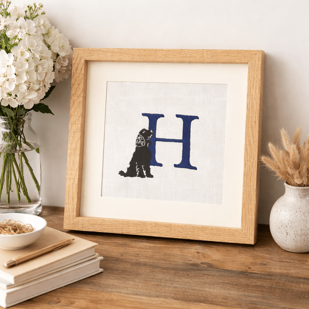 Personalised Spaniel Nursery Wall Art | Embroidered Dog Initial Frame | Custom Baby Keepsake Gift - Pear Tree Stitch Studio