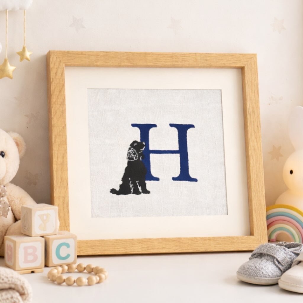 Personalised Spaniel Nursery Wall Art | Embroidered Dog Initial Frame | Custom Baby Keepsake Gift - Pear Tree Stitch Studio