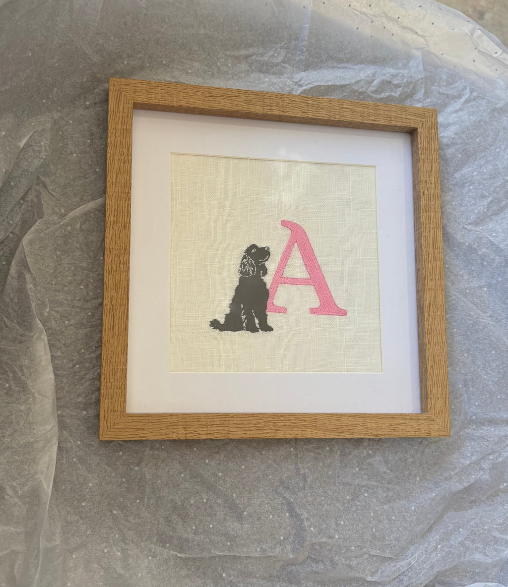 Personalised Spaniel Nursery Wall Art | Embroidered Dog Initial Frame | Custom Baby Keepsake Gift - Pear Tree Stitch Studio