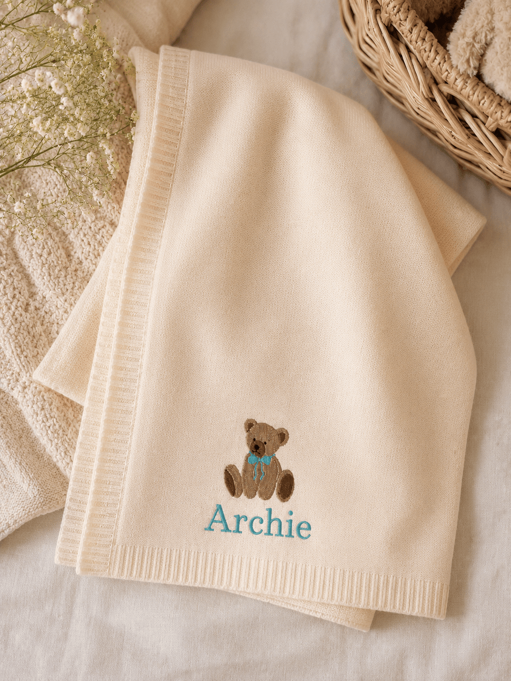 Personalised Teddy Bear Baby Blanket - Pear Tree Stitch Studio