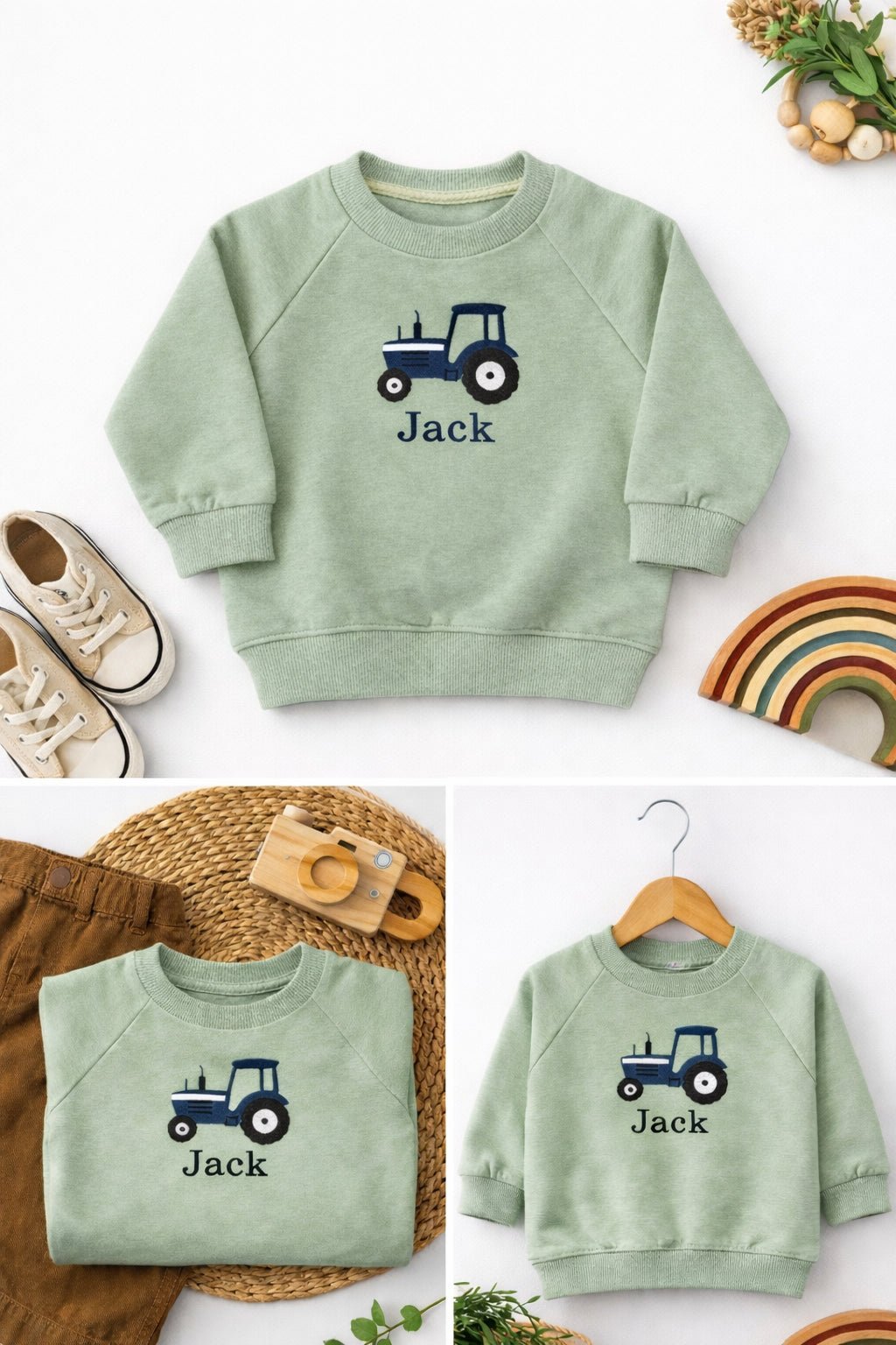 Personalised Tractor Baby Sweatshirt | Custom Name Embroidered Toddler Jumper | Farm Baby Gift - Pear Tree Stitch Studio