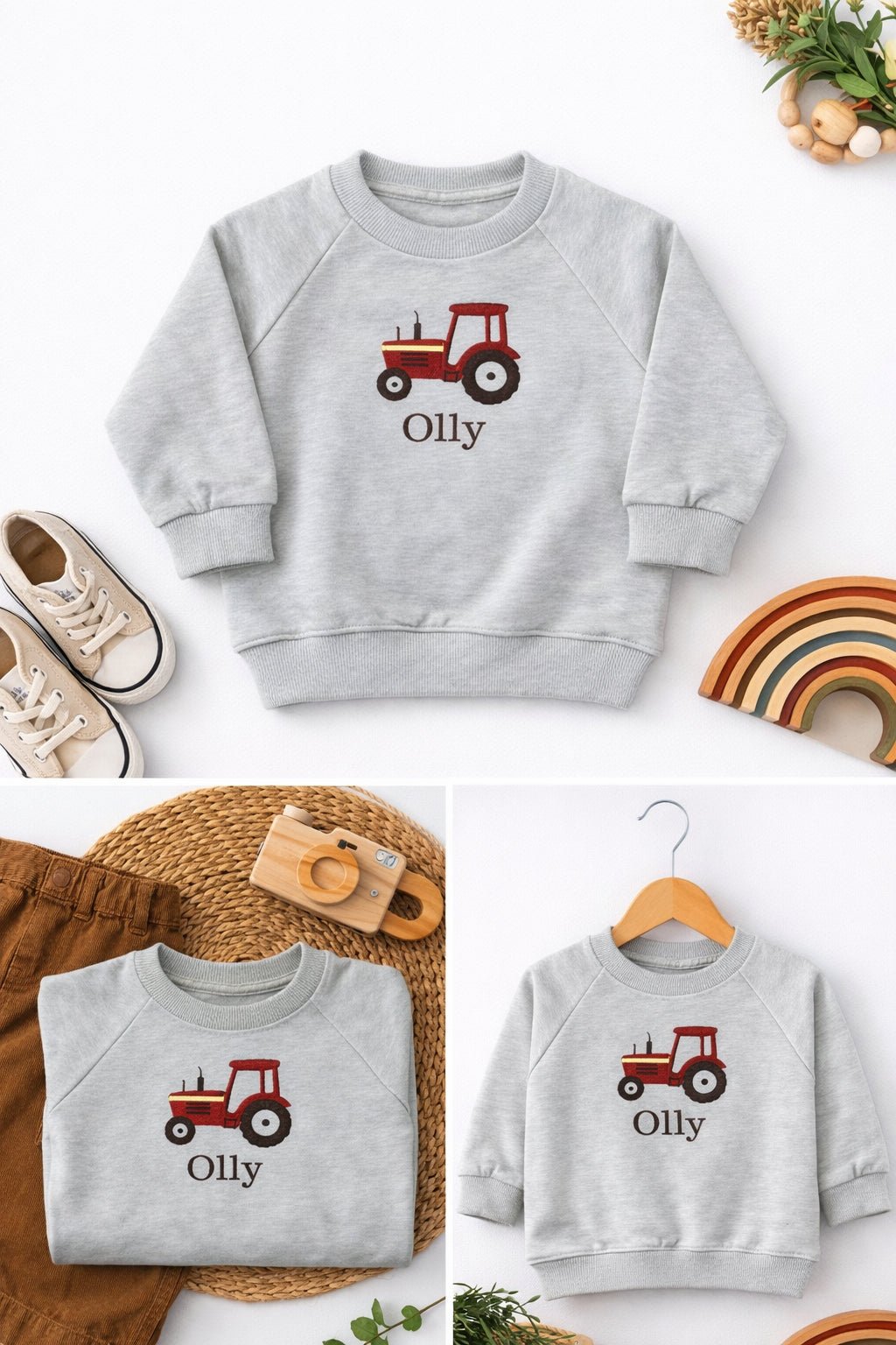 Personalised Tractor Baby Sweatshirt | Custom Name Embroidered Toddler Jumper | Farm Baby Gift - Pear Tree Stitch Studio