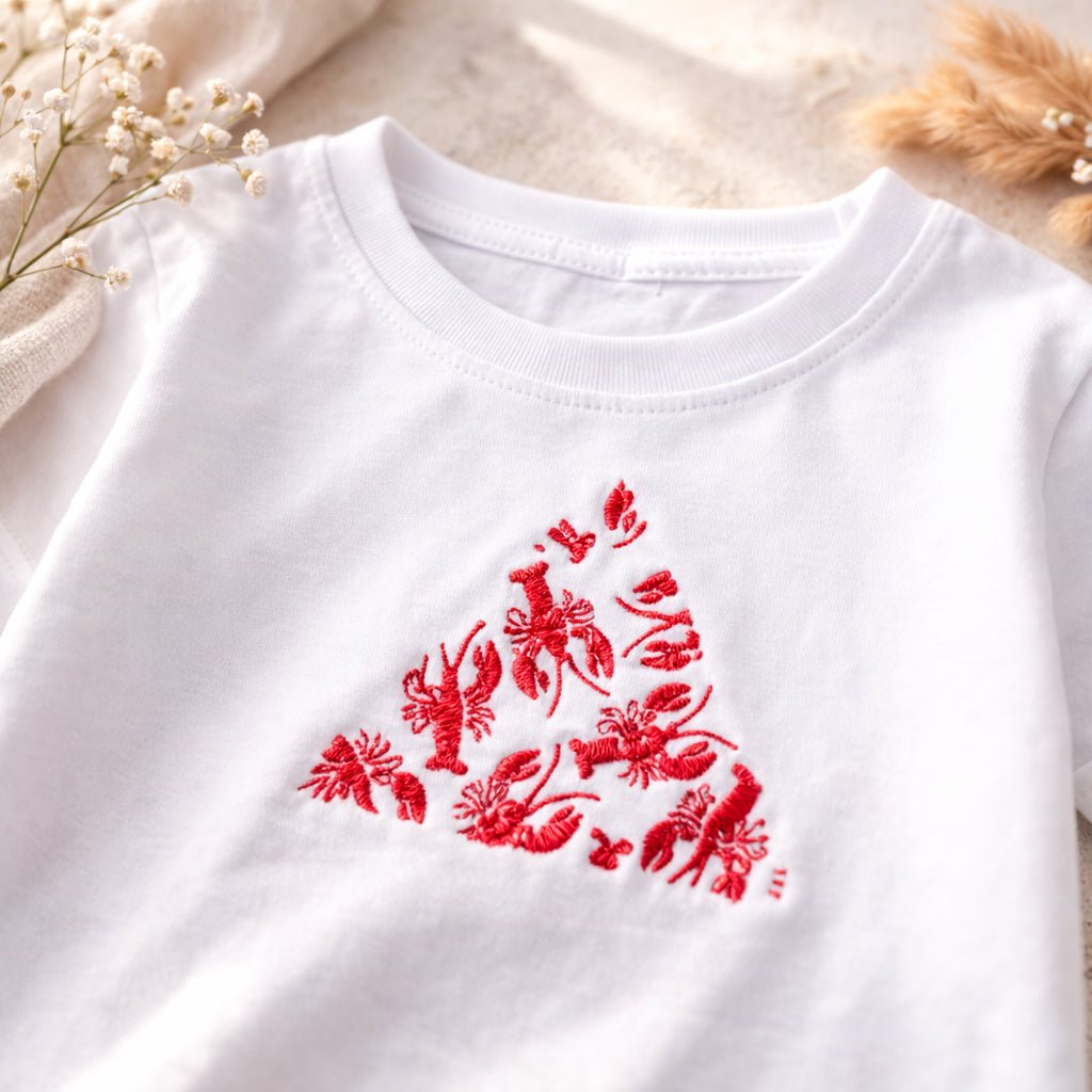 Toddler White Graphic T-Shirt – Cute Red Lobster Print Kids Tee | Soft Cotton Summer Shirt - Pear Tree Stitch Studio